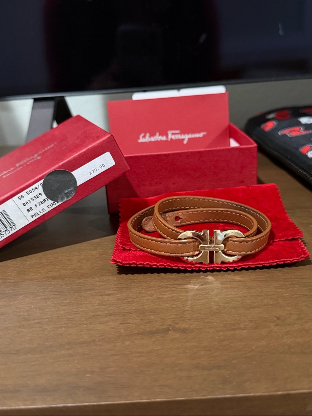 Salvatore Ferragamo Tan Leather Double-Wrap Bracelet with Gold Gancini